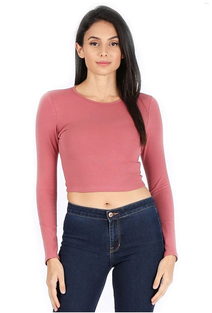 JJJ Women's Long Sleeve Cotton Round Crew Neck Crop Top T-Shirts