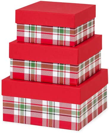 Made in USA Recycled Paper Kraft Boxes – 3.25”, 4.25” & 5.25” – Nested Squared Boxes with Lids (Small Set of 3 - Christmas Plaid)