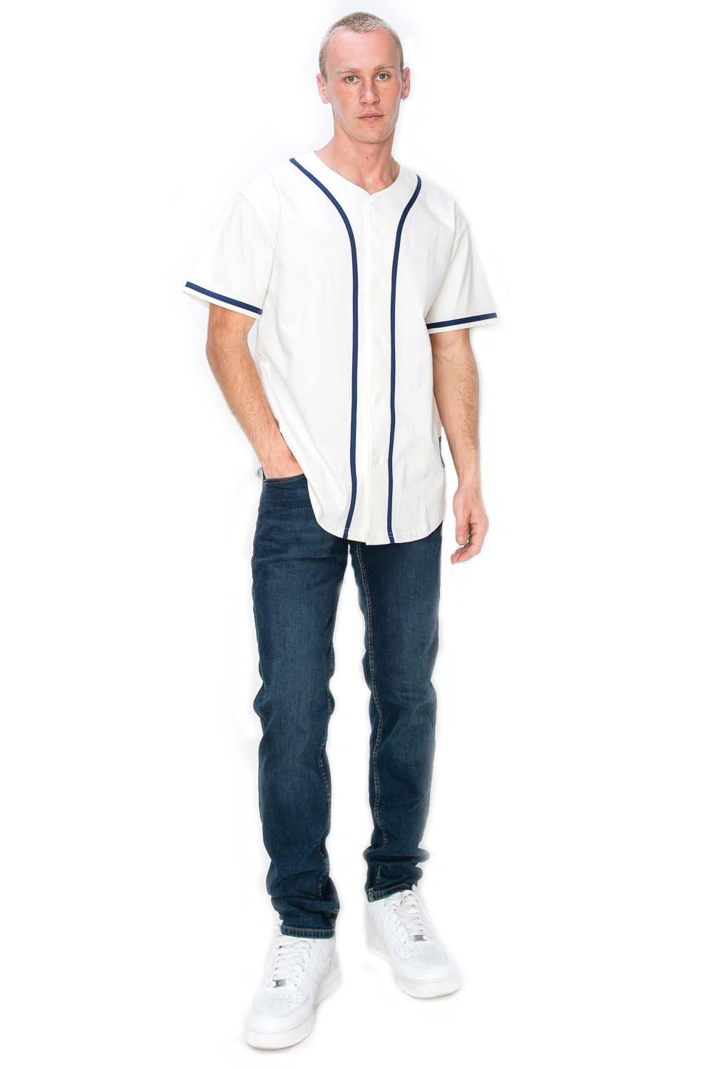 YURO-K Men's Cotton White Color Baseball Jersey with Piping/Made in Los Angeles