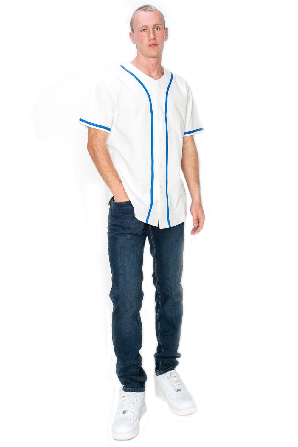 YURO-K Men's Cotton White Color Baseball Jersey with Piping/Made in Los Angeles