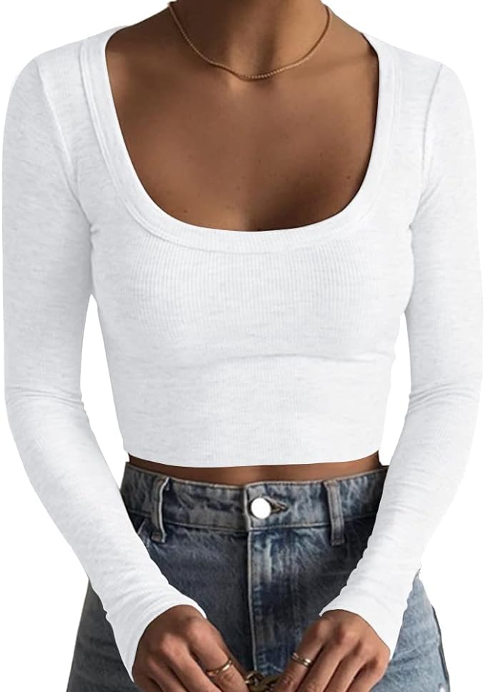 Sweet Hearts Long Sleeve Crop Tops for Women- Ribbed Cute Cropped Top Square Neck Casual Basic Shirt Made in USA