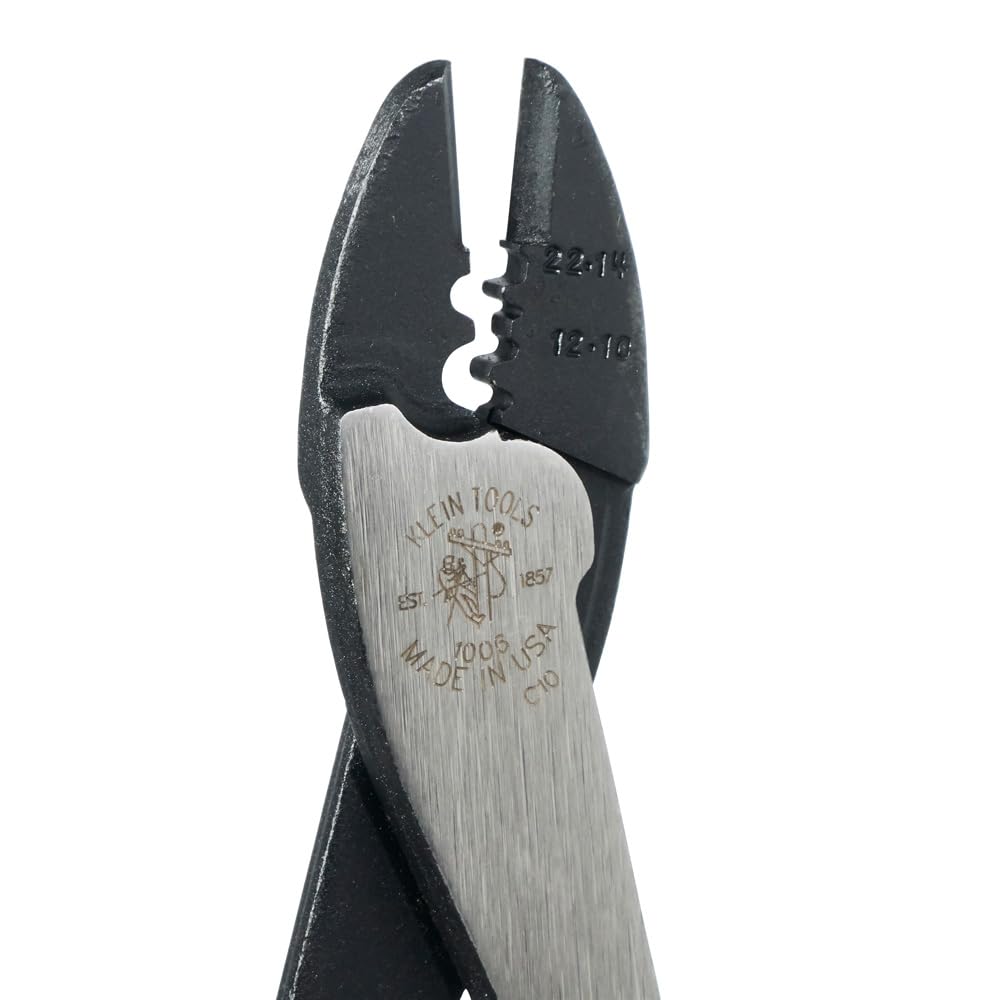 Klein Tools 1006 Cutting / Crimping Tool, Made in USA, Crimps 10 to 22 AWG Solderless Terminals and Connectors, with Wire Cutter in Tapered Nose