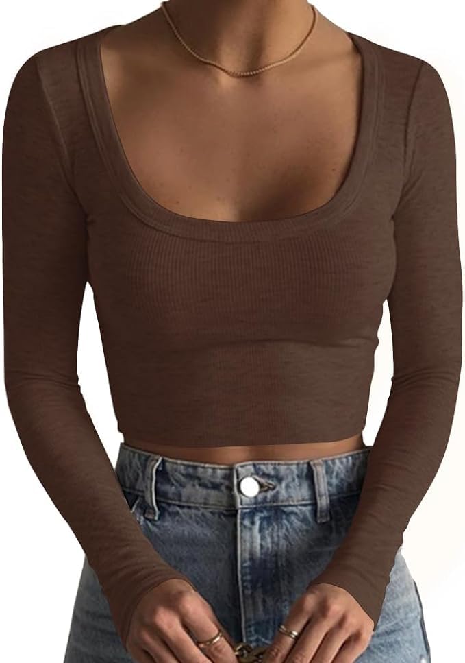 Sweet Hearts Long Sleeve Crop Tops for Women- Ribbed Cute Cropped Top Square Neck Casual Basic Shirt Made in USA