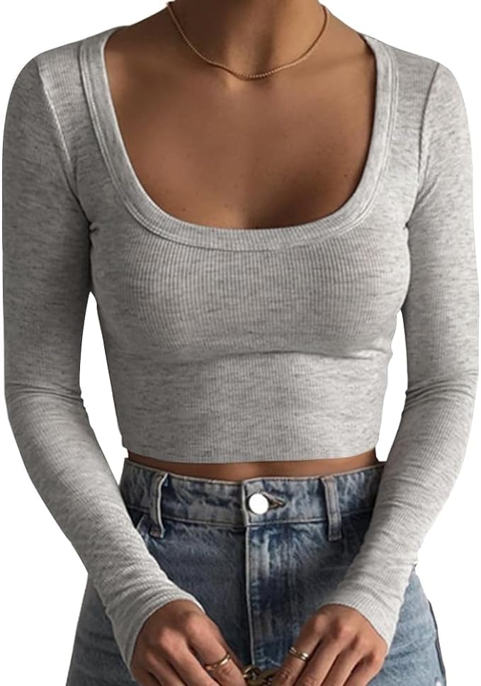Sweet Hearts Long Sleeve Crop Tops for Women- Ribbed Cute Cropped Top Square Neck Casual Basic Shirt Made in USA