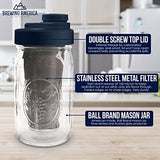 Brewing America Mason Jar Cold Brew Coffee Maker Infuser: Made in USA Wide Mouth Mason Jar with Screw Top Pour and Drinking Lid, Stainless Steel Filter - Coffee, Tea, Alcohol - 2 Quart 64 oz Blue Lid