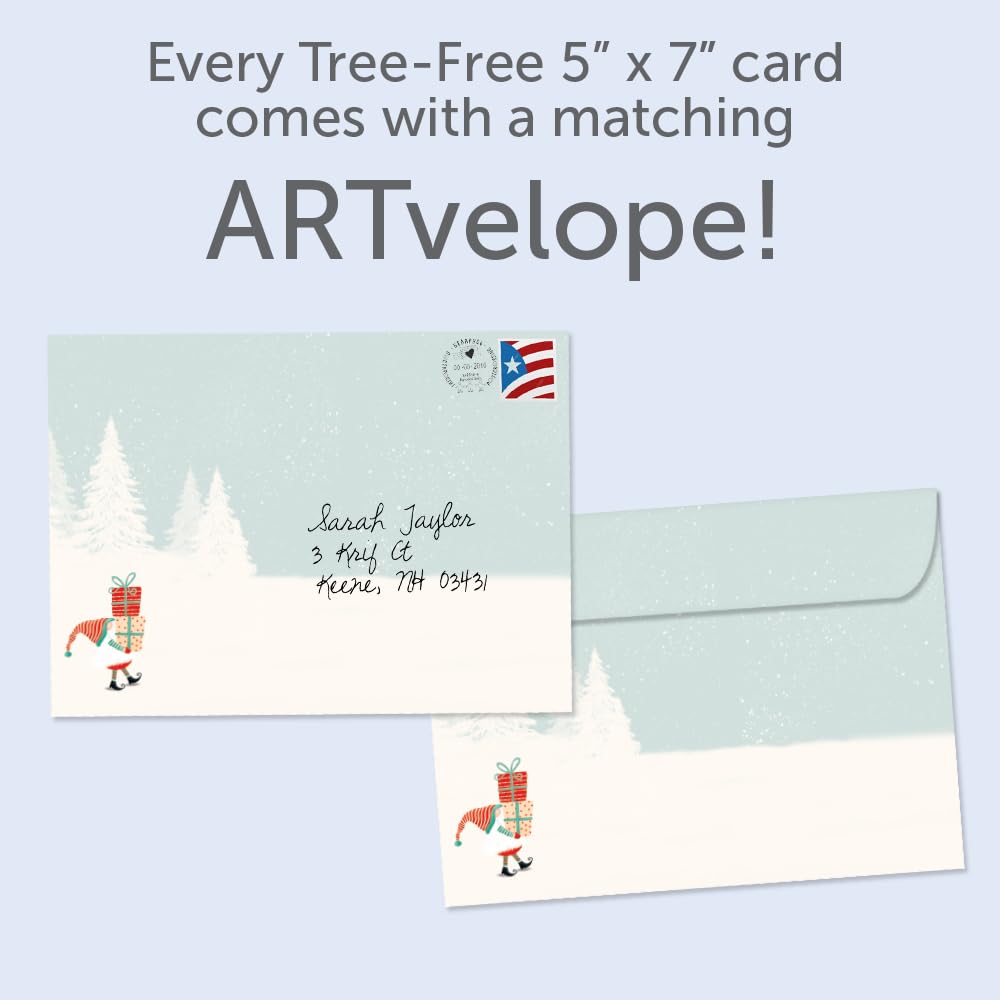 Tree-Free Greetings - Happy Holidays Greeting Cards - Artful Designs - 12 Cards + Matching Envelopes - Made in USA - 100% Recycled Paper - 5"x7" - Kringle Tree Farm (HP60629)