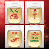 Set of 4 Shatterproof Designer 16 oz Plastic Wine Glasses MADE in the USA (CHRISTMAS)