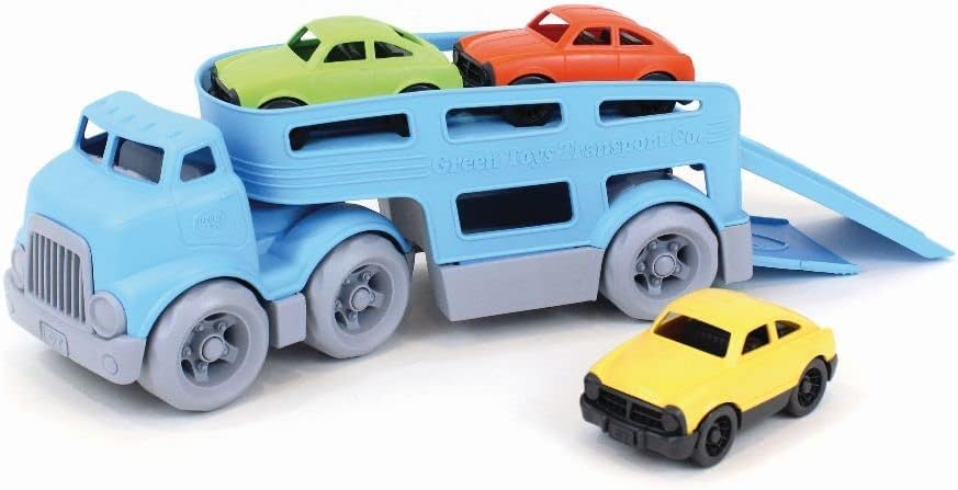 Green Toys Car Carrier, Blue - Pretend Play, Motor Skills, Kids Toy Vehicle. No BPA, phthalates, PVC. Dishwasher Safe, Recycled Plastic, Made in USA (4 Piece Set)