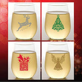 Set of 4 Shatterproof Designer 16 oz Plastic Wine Glasses MADE in the USA (CHRISTMAS)