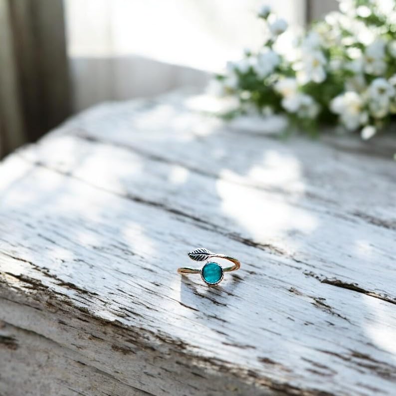 Bottled Up Designs Handmade Vintage Leaf Ring, Recycled Vintage Aqua Mason Jar, Sterling Silver, Eco Friendly, Made in USA, Birthday Gifts, Mothers Day, Women, Anniversary (Aqua)