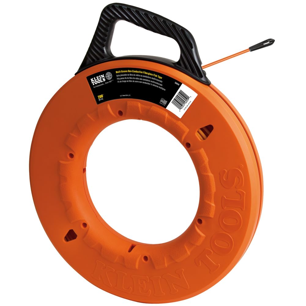 Klein Tools 56059 Non-Conductive Fiberglass Fish Tape, Made in USA, 200-Foot Wall Snake is 3/16-Inch Wide Multi-Groove Fish Tape and Pulls to 500-Pound