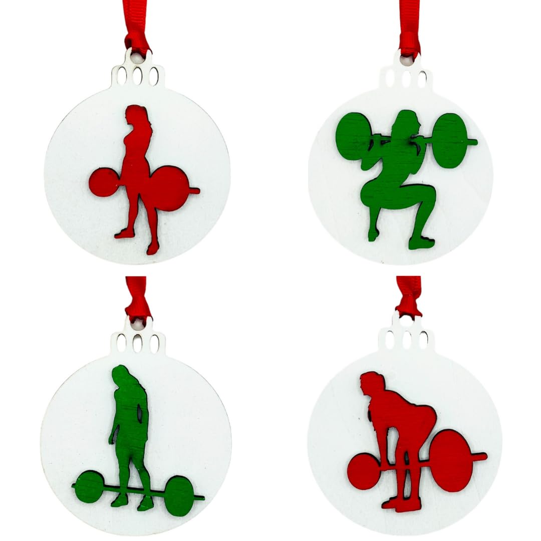 Weightlifting Christmas Tree Ornament 4 Piece Set, Includes 4 Different Wooden Weightlifting Style Ornaments, Weightlifting Gift, Fitness Ornament (All Male Lifter 4 Pack)