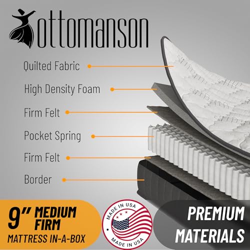 Ottomanson 9" Twin Mattress in a Box Made in USA, Firm Mattress, Hybrid Mattress Cool Improved Airflow with Edge to Edge Pocket Coil, Bed in A Box, Ottopedic