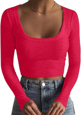 Sweet Hearts Long Sleeve Crop Tops for Women- Ribbed Cute Cropped Top Square Neck Casual Basic Shirt Made in USA