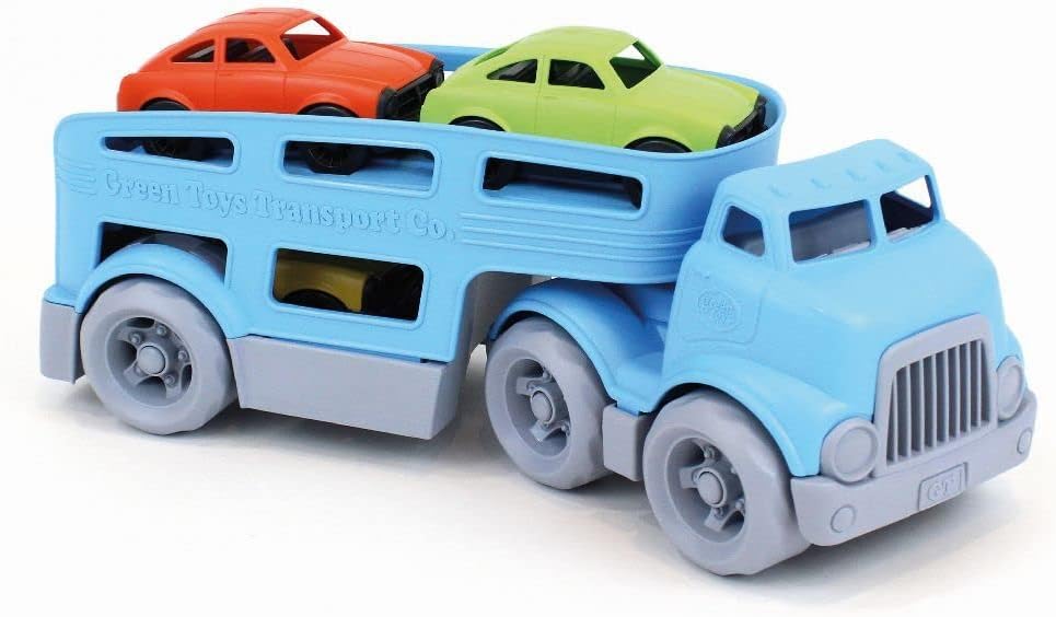 Green Toys Car Carrier, Blue - Pretend Play, Motor Skills, Kids Toy Vehicle. No BPA, phthalates, PVC. Dishwasher Safe, Recycled Plastic, Made in USA (4 Piece Set)