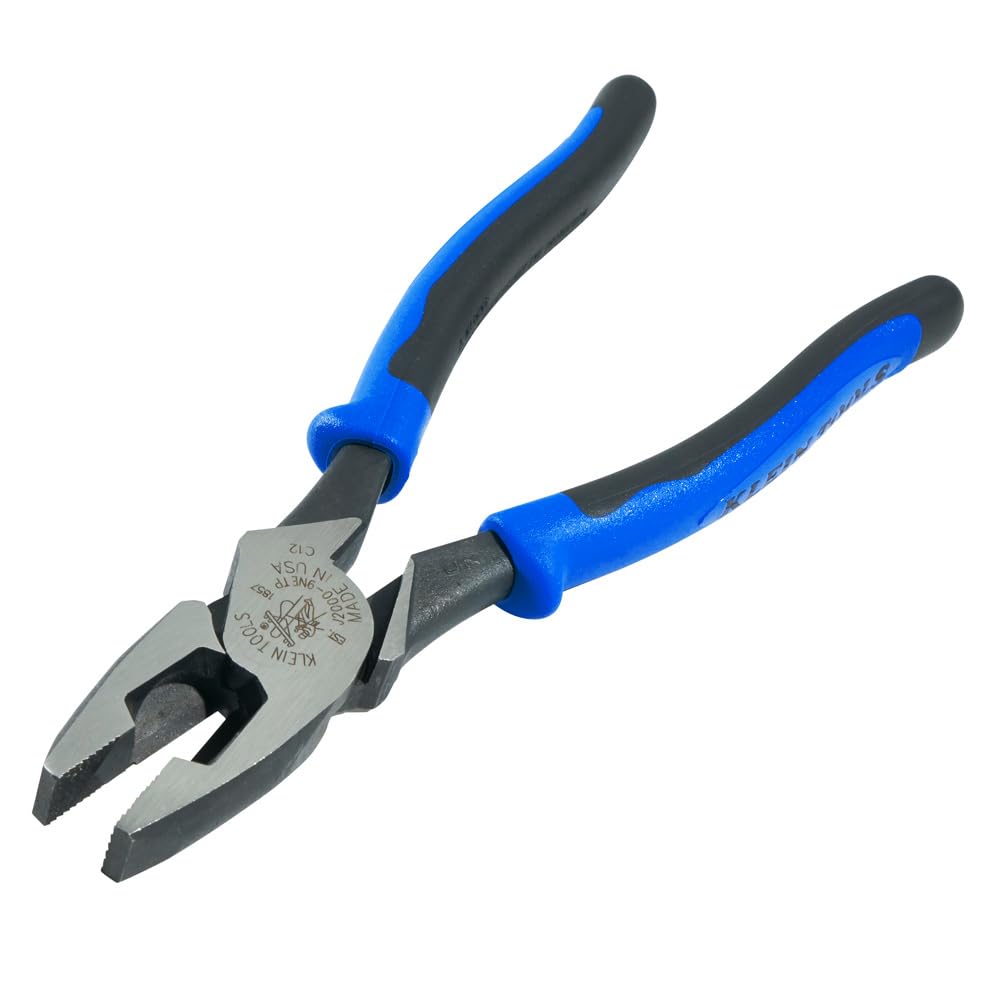 Klein Tools J2000-9NECRTP Side Cutter Linemans Pliers with Tape Pulling and Wire Crimping, High Leverage, 9-Inch