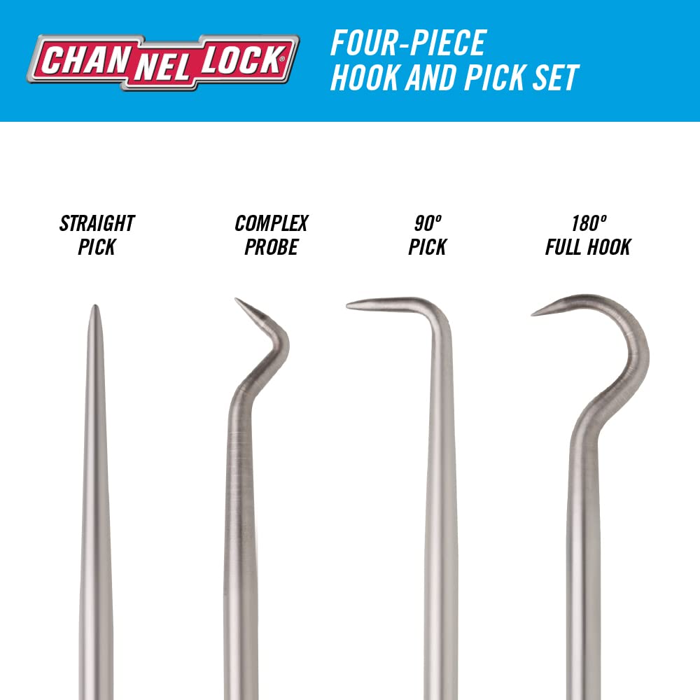 CHANNELLOCK HP-4ECP 4pc Hook & Pick Set, Made in USA, Includes 180-degree Full Hook, Straight Pick, 90-degree Pick and Complex Probe, Remove Small Fuses, Wire Plugs and "O" Rings, Gunsmith Tools