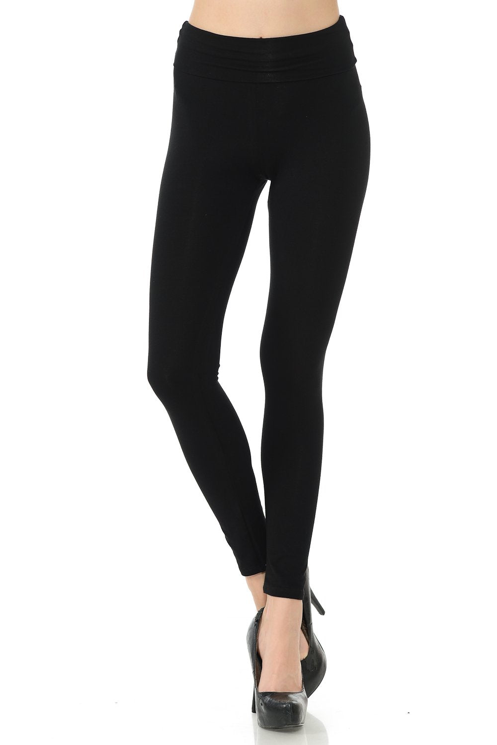 JJJ Women's Solid Cotton Spandex Jersey Fold Over Waistband Leggings