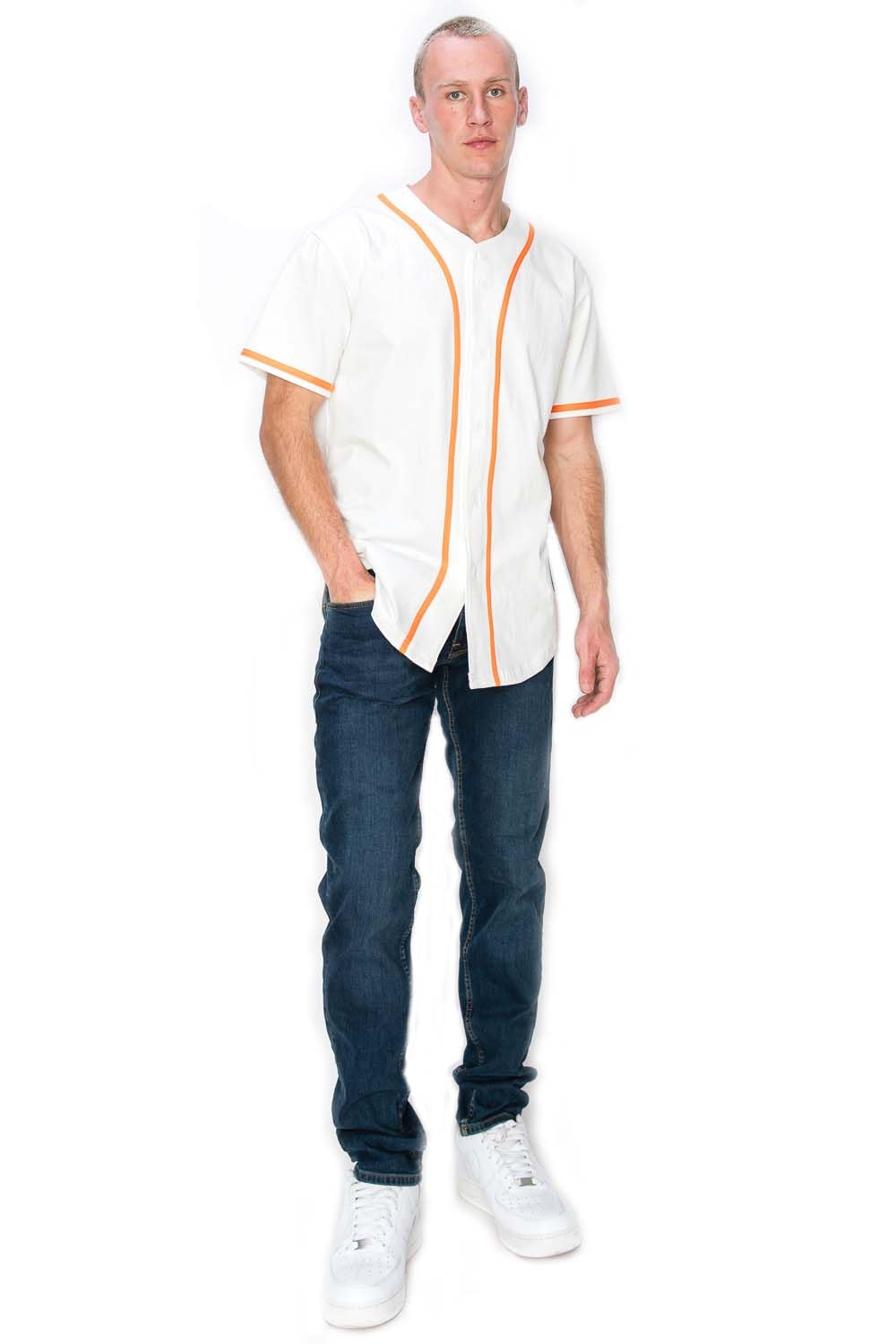 YURO-K Men's Cotton White Color Baseball Jersey with Piping/Made in Los Angeles