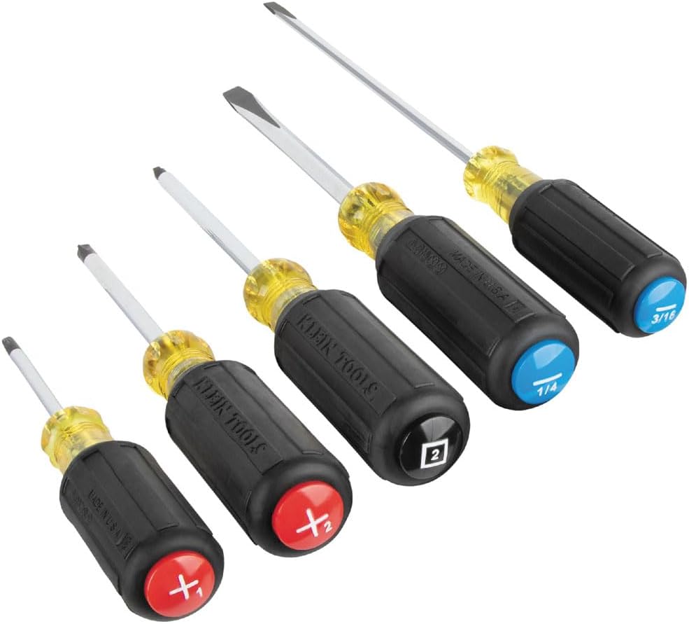 Klein Tools 80031C 5-Piece Color-Coded Screwdriver Set, Precision Tips, Cushion Grip, Made in USA, Home Improvement, 2 Slotted, 2 Phillips, 1 Square