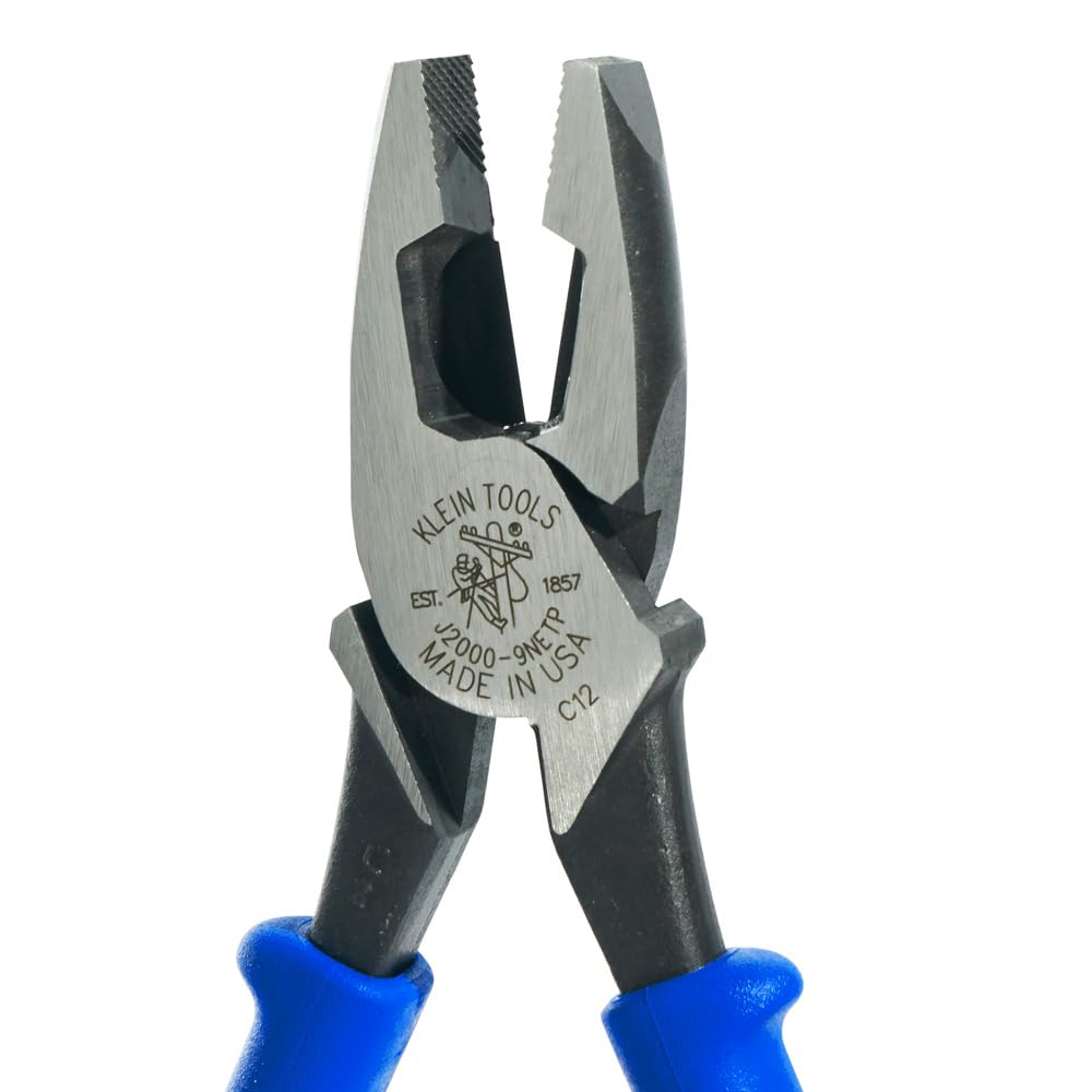 Klein Tools J2000-9NECRTP Side Cutter Linemans Pliers with Tape Pulling and Wire Crimping, High Leverage, 9-Inch