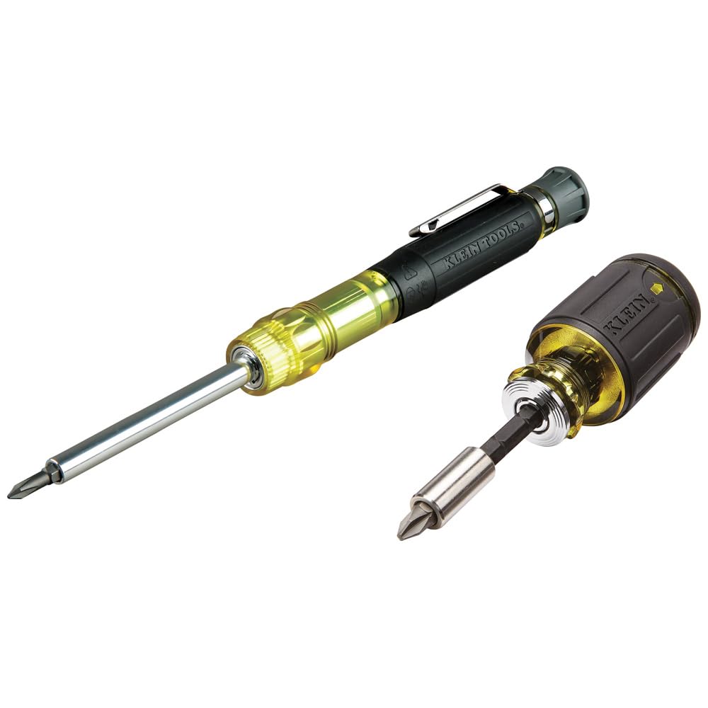 Klein Tools 80027 Screwdriver Set, 11-in-1 Multi-bit Screwdriver, 6-in-1 Stubby Screwdriver, Phillips, Slotted, Square, Torx Bits, 2-Piece