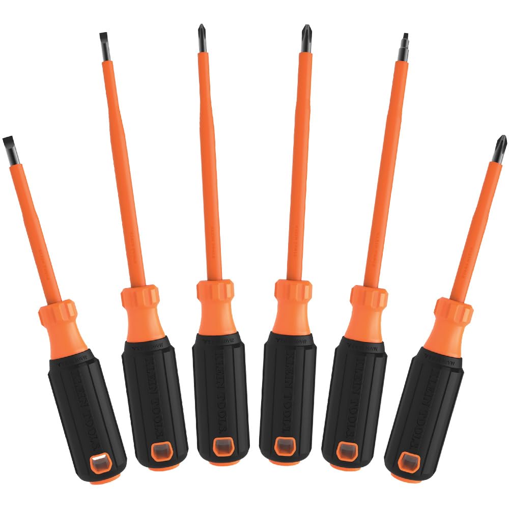 Klein Tools 85076INS Insulated Screwdriver Set features 1000V Electricial Screwdrivers, (3) Phillips and (2) Slotted and Square Tips, 6-Piece