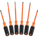 Klein Tools 85076INS Insulated Screwdriver Set features 1000V Electricial Screwdrivers, (3) Phillips and (2) Slotted and Square Tips, 6-Piece