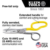 Klein Tools 2100-8 Scissors, Made in USA, Electrician Free Fall Snips, Stainless Steel Cut 19 and 23 AWG Electrical Communication Wire, Cable and Cordage