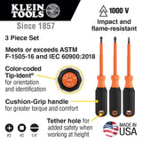 Klein Tools 85073INS Insulated Screwdriver Set features 1000V Phillips, Slotted and Square Tips, Cushion Grip Handles, 3-Piece