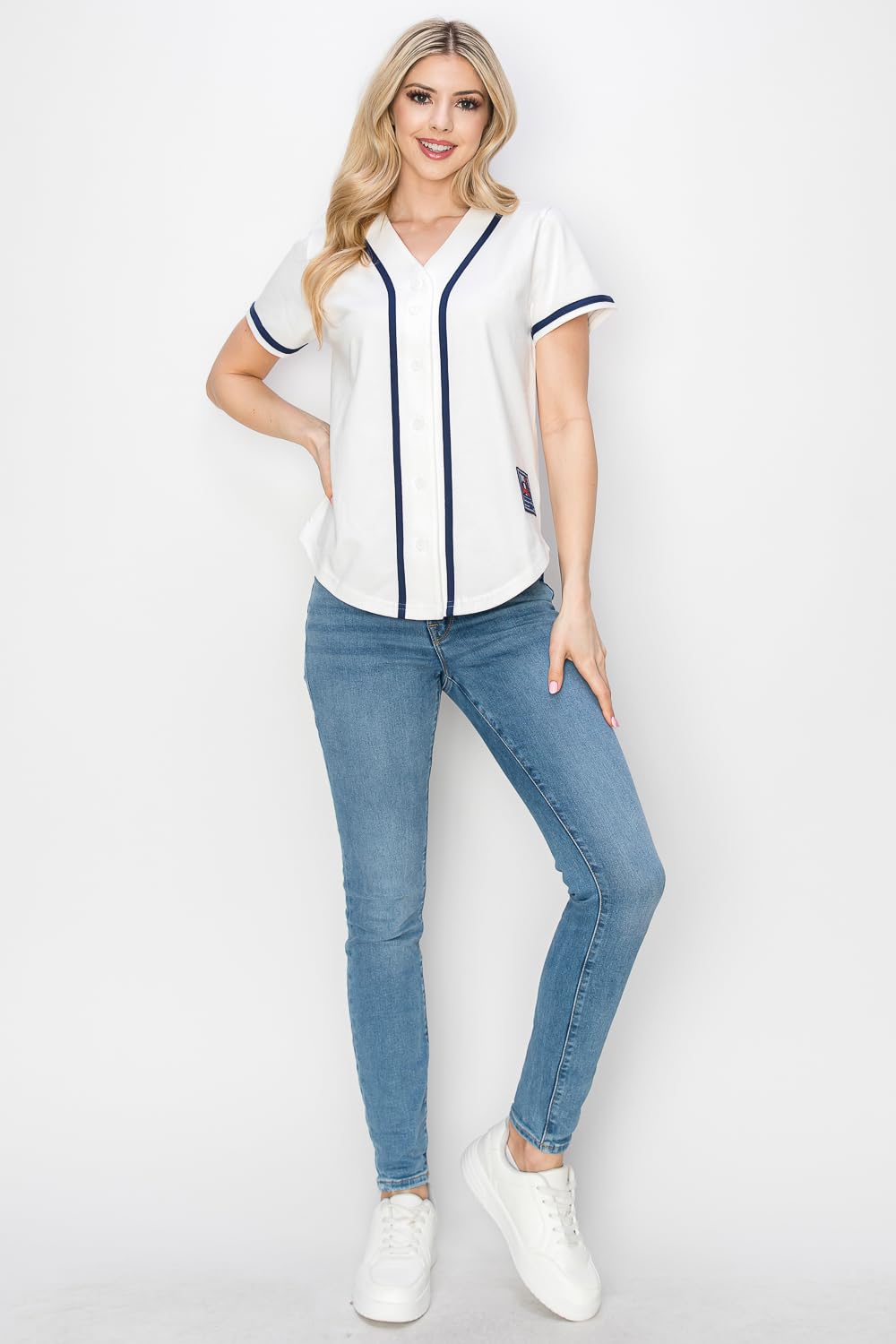 YURO-K Women's Cotton White Color Baseball Jersey with Piping/Made in Los Angeles