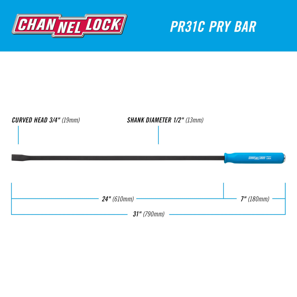 CHANNELLOCK 3/4 x 24-inch Professional Pry Bar, 31-inch Overall Length, Made in USA, Molded 4-Sided Textured Grip