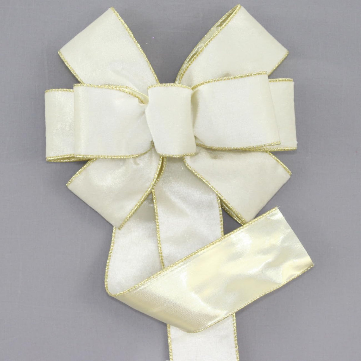 Ivory Brushed Velvet Gold Lame Backed Wire Edge Christmas Bow - Handcrafted in USA (8 inch bow)