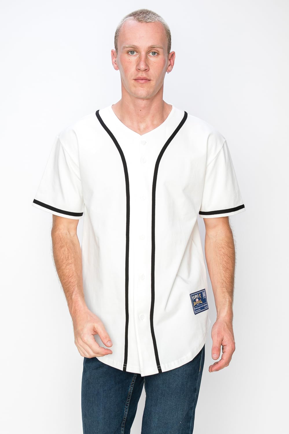 YURO-K Men's Cotton White Color Baseball Jersey with Piping/Made in Los Angeles