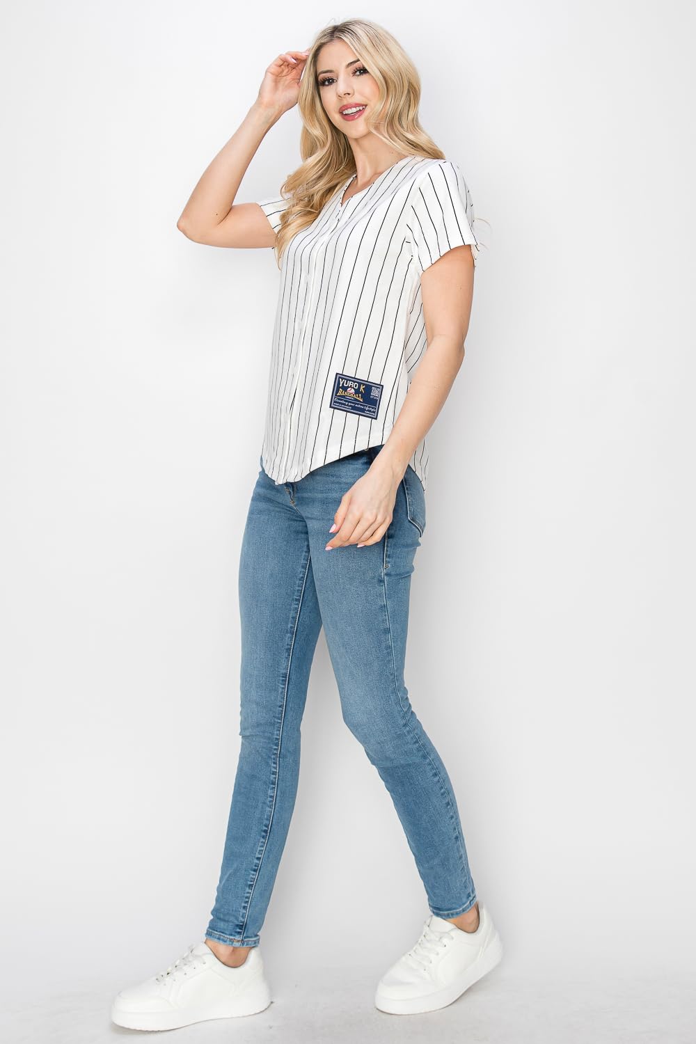 YURO-K Women's White Cotton Pinstripe Baseball Jersey/Made in Los Angeles