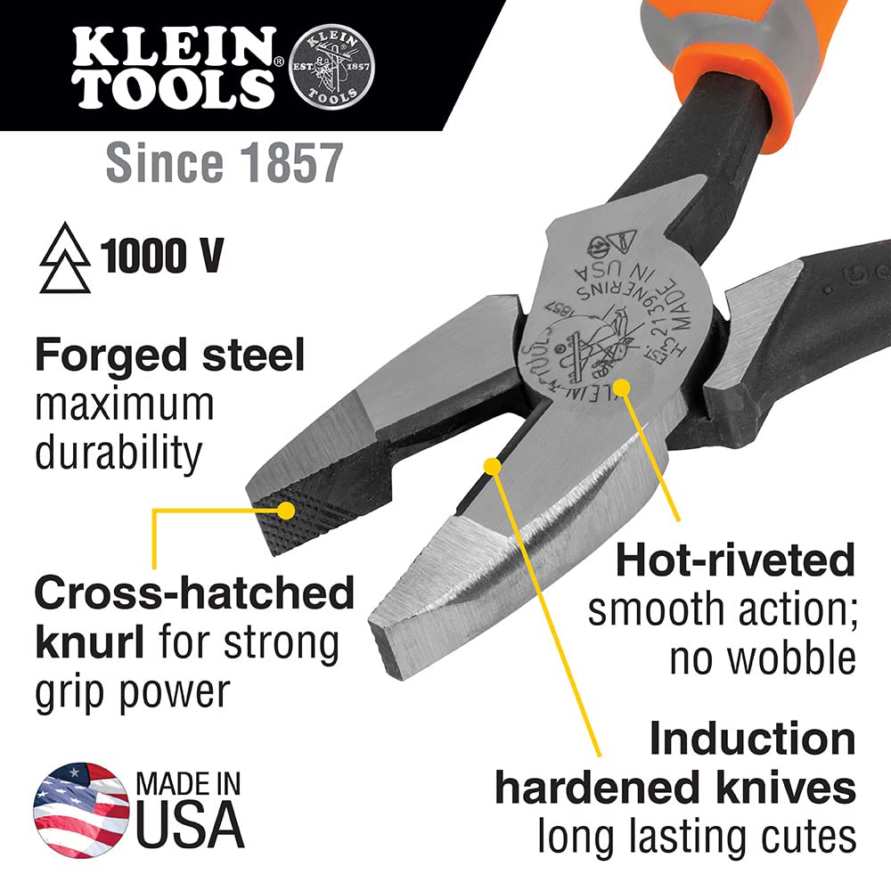 Klein Tools 1005RINS Insulated Pliers, Made in USA, Cutting / Crimping Tool for Insulated and Non-Insulated 10 to 22 AWG Wire and Connectors,1000V Rated