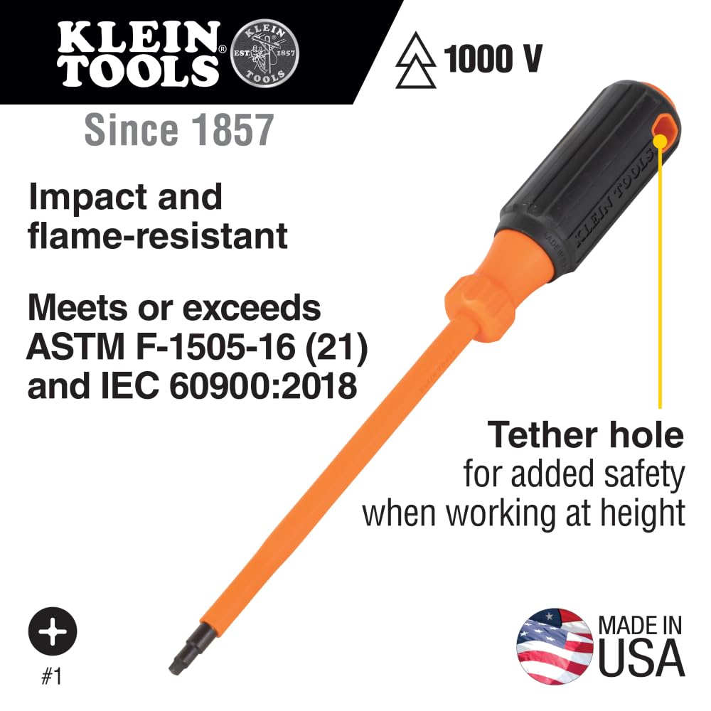 Klein Tools 85076INS Insulated Screwdriver Set features 1000V Electricial Screwdrivers, (3) Phillips and (2) Slotted and Square Tips, 6-Piece