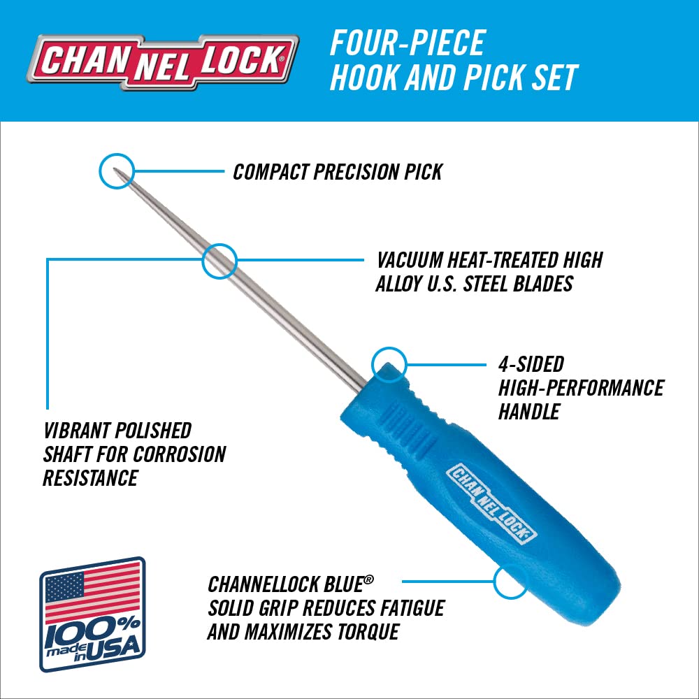 CHANNELLOCK HP-4ECP 4pc Hook & Pick Set, Made in USA, Includes 180-degree Full Hook, Straight Pick, 90-degree Pick and Complex Probe, Remove Small Fuses, Wire Plugs and "O" Rings, Gunsmith Tools