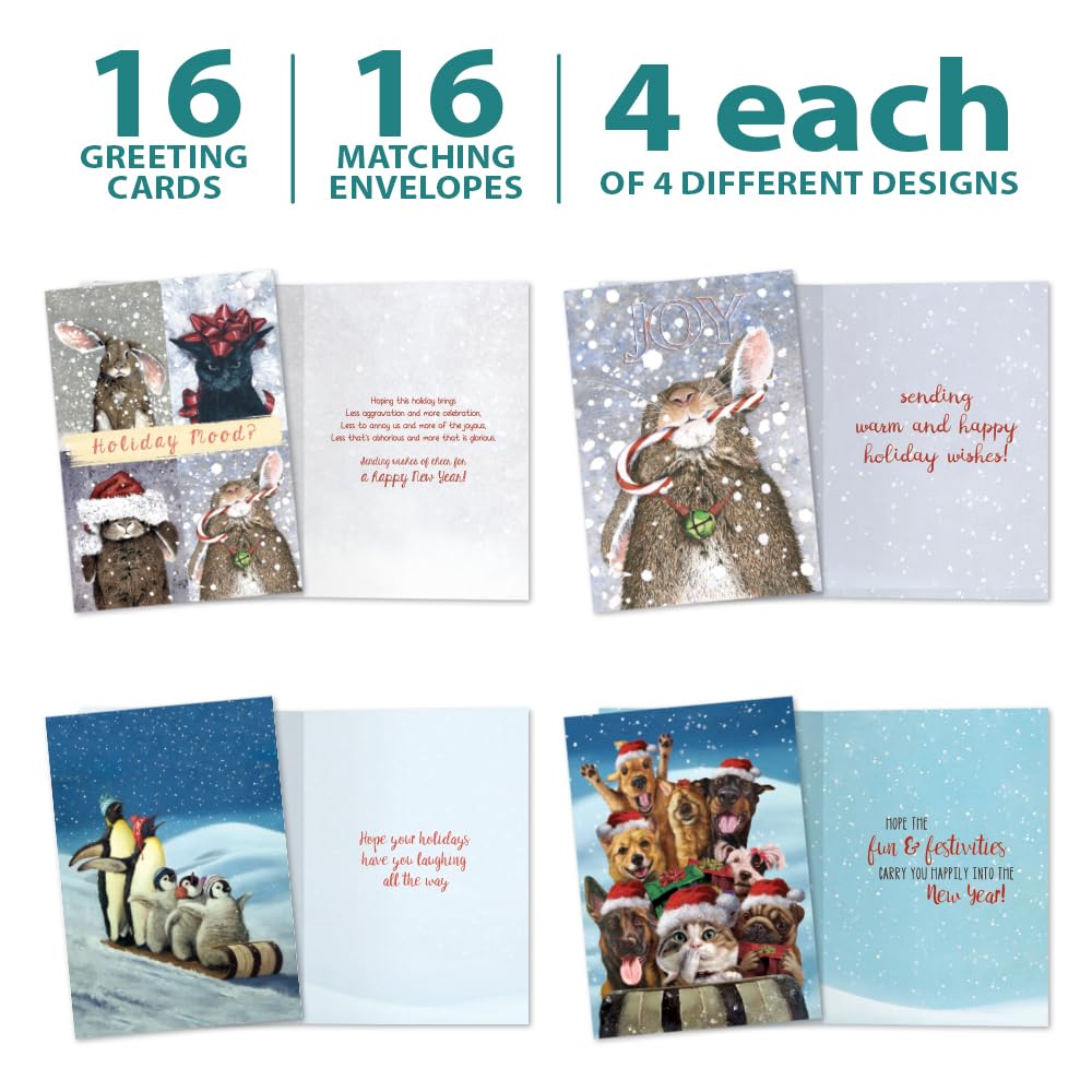 Tree-Free Greetings - Christmas Greeting Cards - Artful Designs - 16 Assortment Cards + Matching Envelopes - Made in USA - 100% Recycled Paper - 5"x7" - Christmas Critters (GP54096)