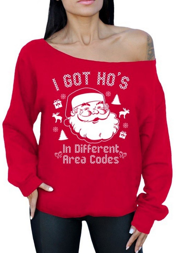 I Got Hos in Different Area Codes - Ugly Christmas Sweater for Women - Xmas Off Shoulder Sweatshirt