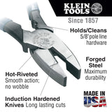 Klein Tools D213-9NE Pliers, Made in USA, 9-Inch Side Cutters, High Leverage Linesman Pliers Cut Copper, Aluminum and other Soft Metals