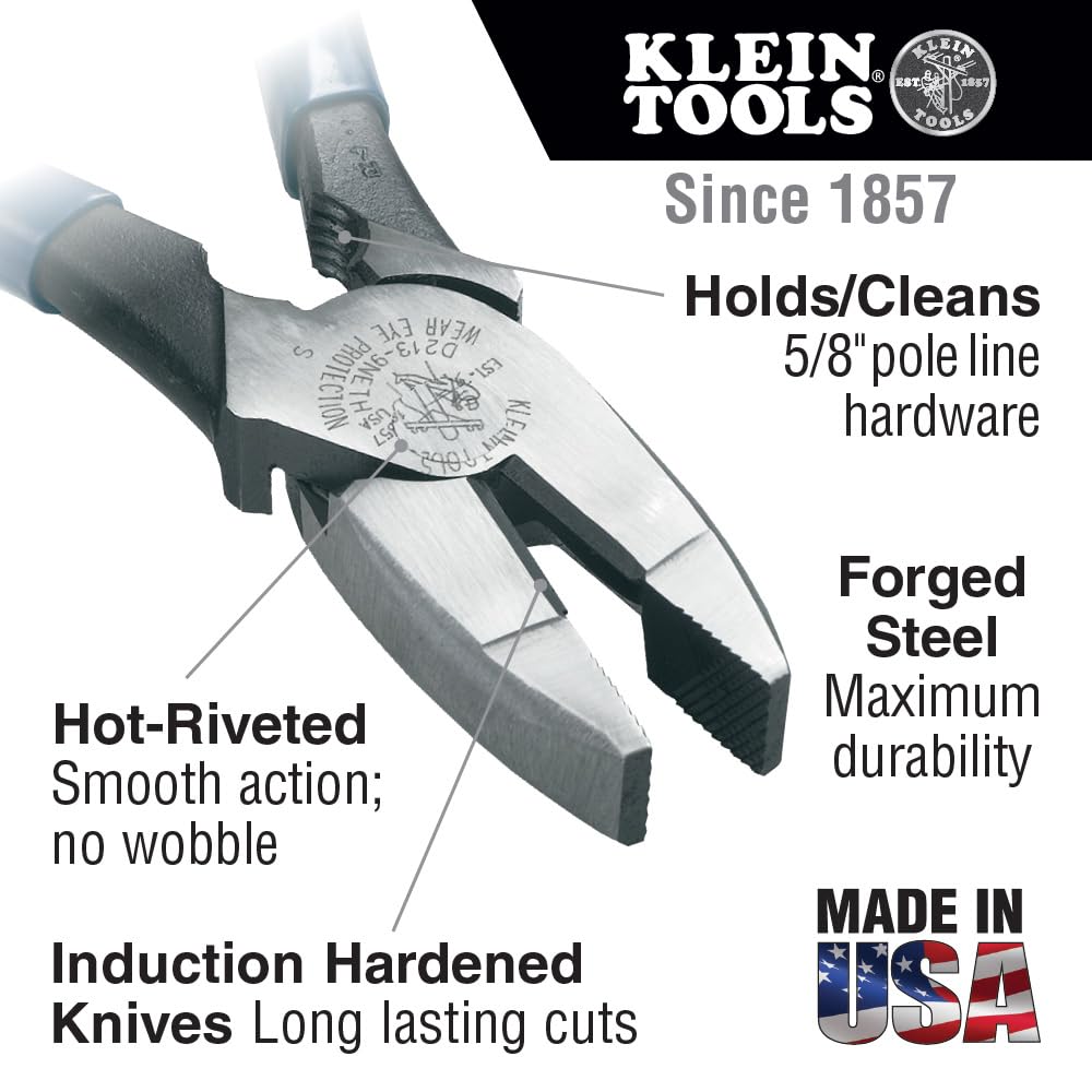 Klein Tools HD213-9NETH Lineman's Pliers, Made in USA, Oversized Heavy Duty, High Leverage Side Cutting Pliers, 9-Inch