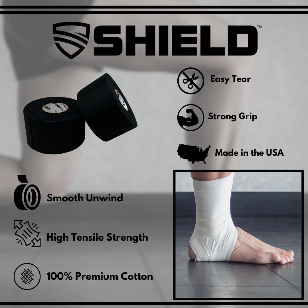 SHIELD | 3-Pack Black Athletic Tape – 1.5 Inches x 15 Yards - Made in USA, Easy Tear, Rigid, Very Strong. First aid, Injury- Athletic, Medical,Therapy Trainers