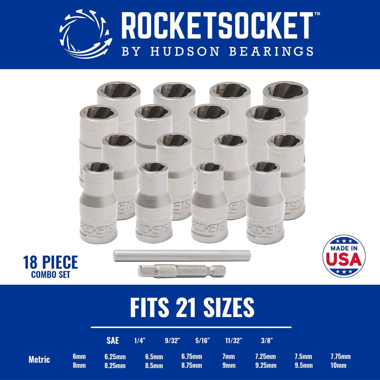 | 18 Piece ¼” Drive Bolt Lug Nut Extractor Socket Tool Set | RAZORGRIP Technology Extract Damaged Frozen Rusted Rounded-Off Bolts Nuts & Screws | Made in USA Steel