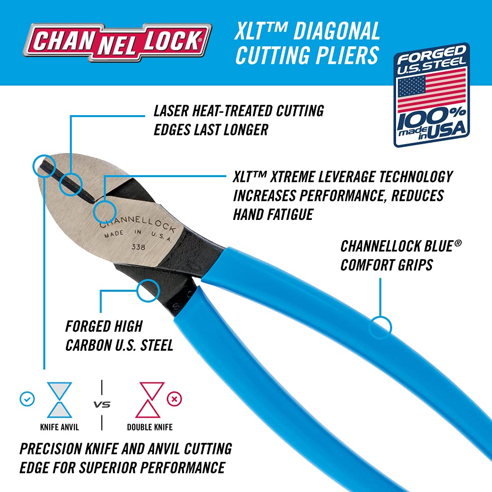 CHANNELLOCK 336 6-inch XLT Diagonal Cutting Pliers, Knife and Anvil Style Cutting Edge for Superior Cutting Edge Life, Forged High Carbon Steel, Made in the USA