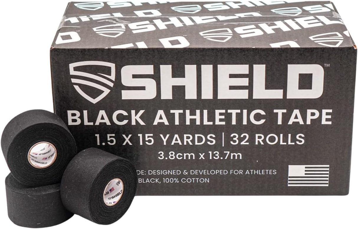 SHIELD | 32 Pack Black Athletic Tape Bulk - 1.5 Inches x 15 Yards - Made in USA Easy Tear, No Residue. Sports Medicine - Athletes, Medical, Therapy, Athletic Trainers: Ankles Wrists Fingers