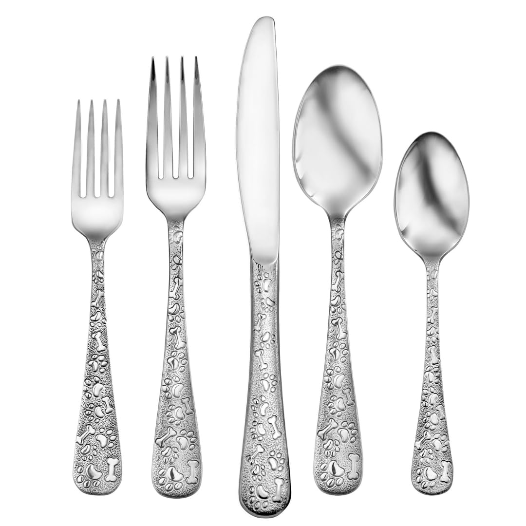 Liberty Tabletop Oliver Puppy 40 Piece Flatware Set Service for 8 Dog Themed Stainless Steel Silverware Made in the USA (40)