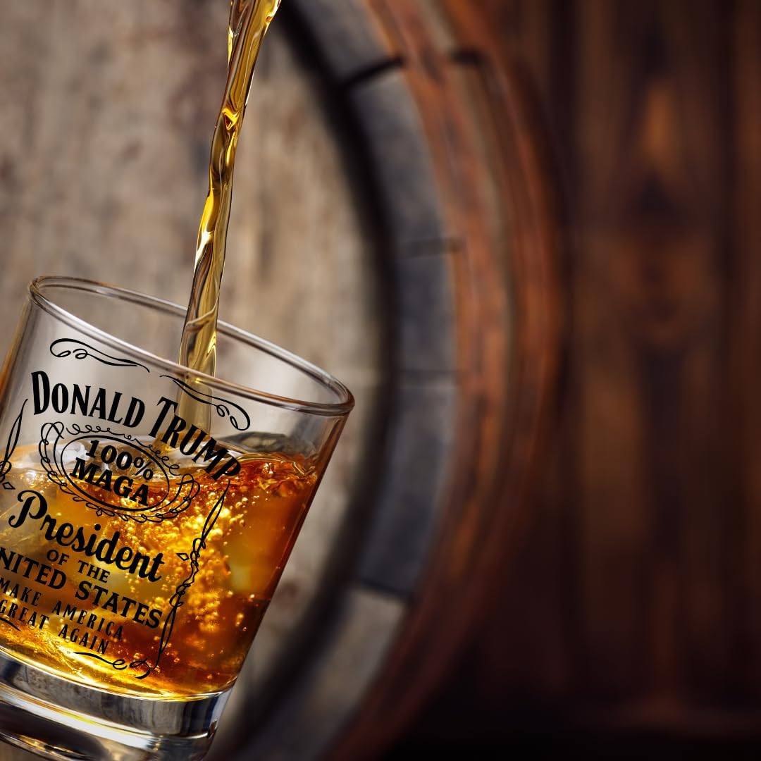 Donald Trump Whiskey Label 100% MAGA 10.5 oz Whiskey Glass for Dad, Gift for Husband, Stepfather Gift Idea, Unique Gifts for Men, Trump Stuff, Maga Merch