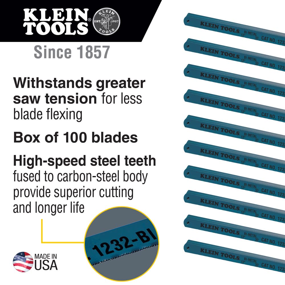 Klein Tools 1232BI-P Hacksaw Blades, Bi-Metal Replacement Blades 32 TPI, 12-Inch, 10-Pack, Made in USA