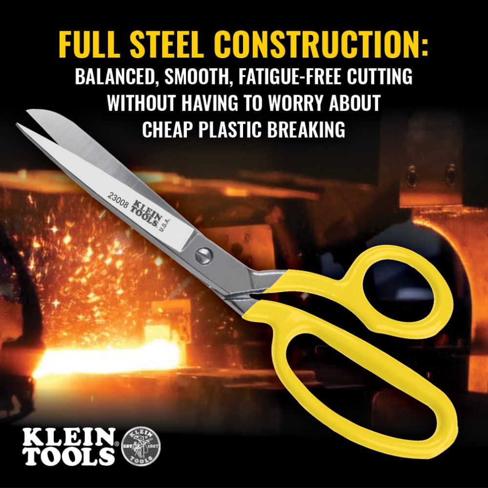 Klein Tools 23011 Scissors, Made in USA, Bent Trimmer for Felt Lining, Cord, Rubber, Fabric, and More, with Extended Handle for Leverage, 11-1/4-Inch